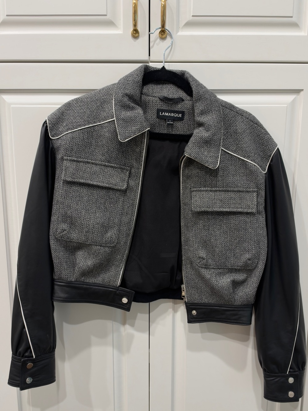 LAMARQUE Gray & Black Mixed-Media Cropped Bomber Jacket